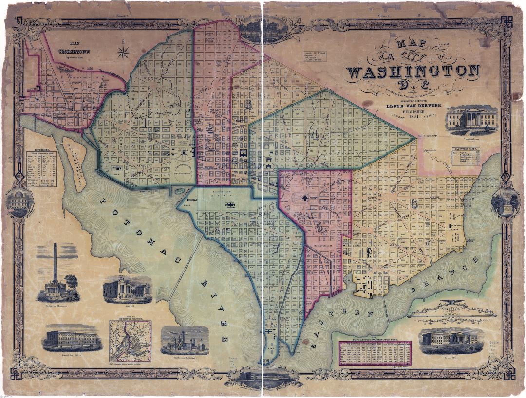 Крупномасштабная подробная старая карта города Вашингтона, округ Колумбия - 1851