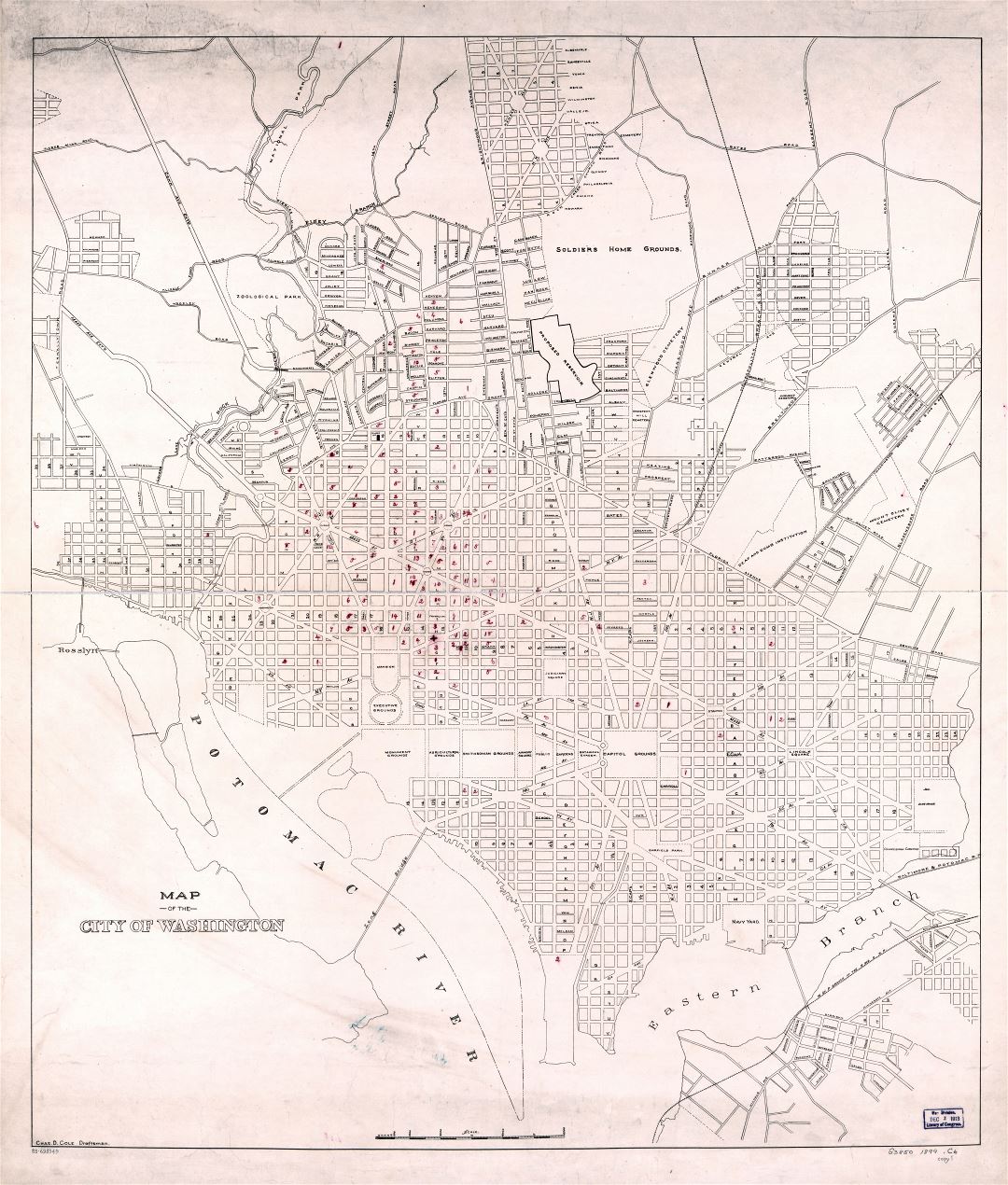 Крупномасштабная детальная старая карта города Вашингтона, округ Колумбия - 1899