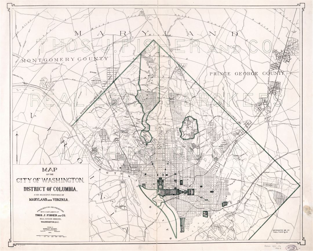 Крупномасштабная детальная старая карта города Вашингтона, округ Колумбия и прилегающих районов Мэриленда и Вирджинии - 1891