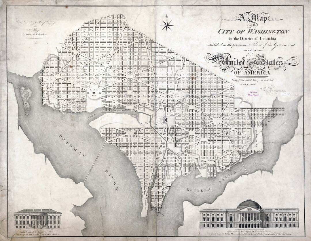 Крупномасштабная подробная старая карта города Вашингтона в округе Колумбия - 1818
