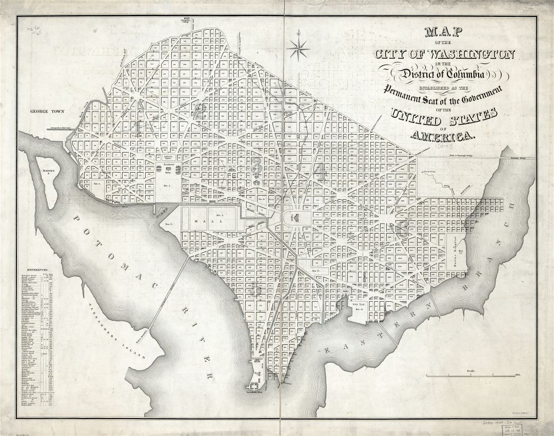 Крупномасштабная детальная старая карта города Вашингтона в округе Колумбия - 1839