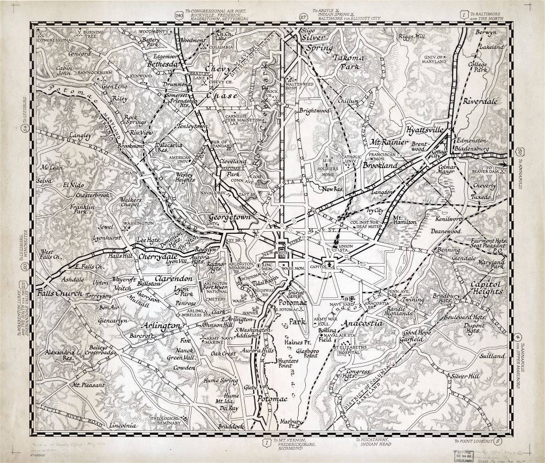 Крупномасштабная подробная старая карта дорог области столицы Вашингтона, округ Колумбия - 1930