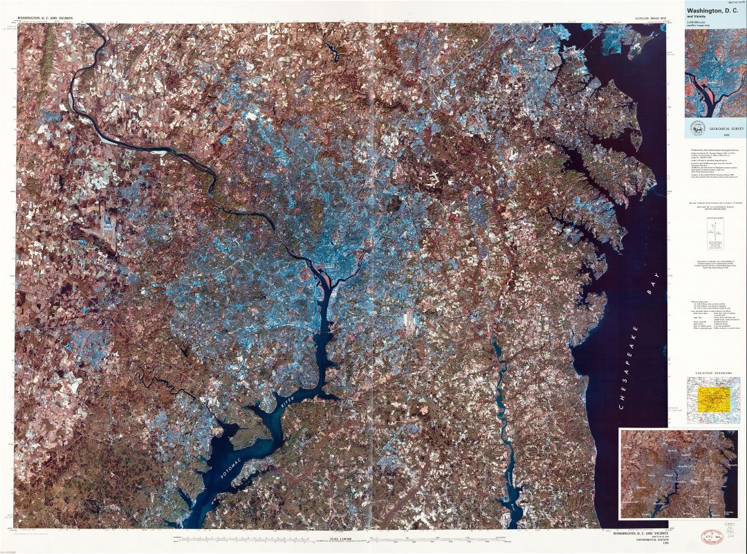 Крупномасштабная детальная карта спутникового изображения Вашингтона, округ Колумбия и окрестностей - 1984