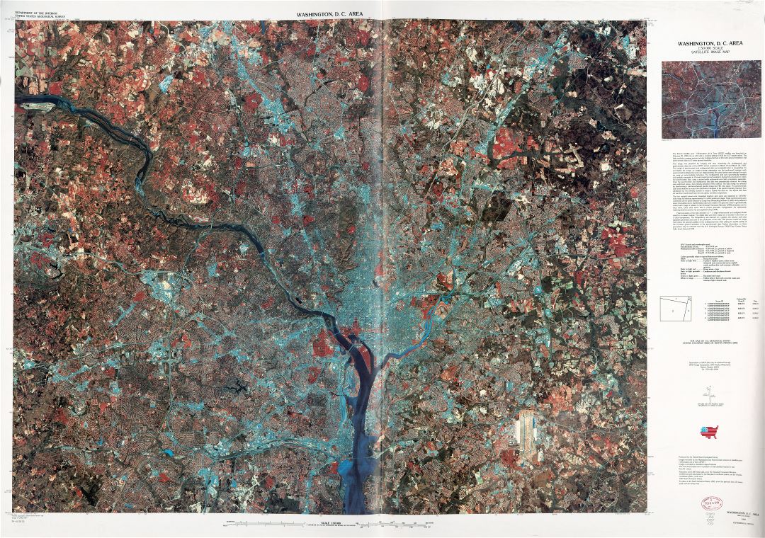 Крупномасштабная детальная карта спутникового изображения области Вашингтона, округ Колумбия - 1987 