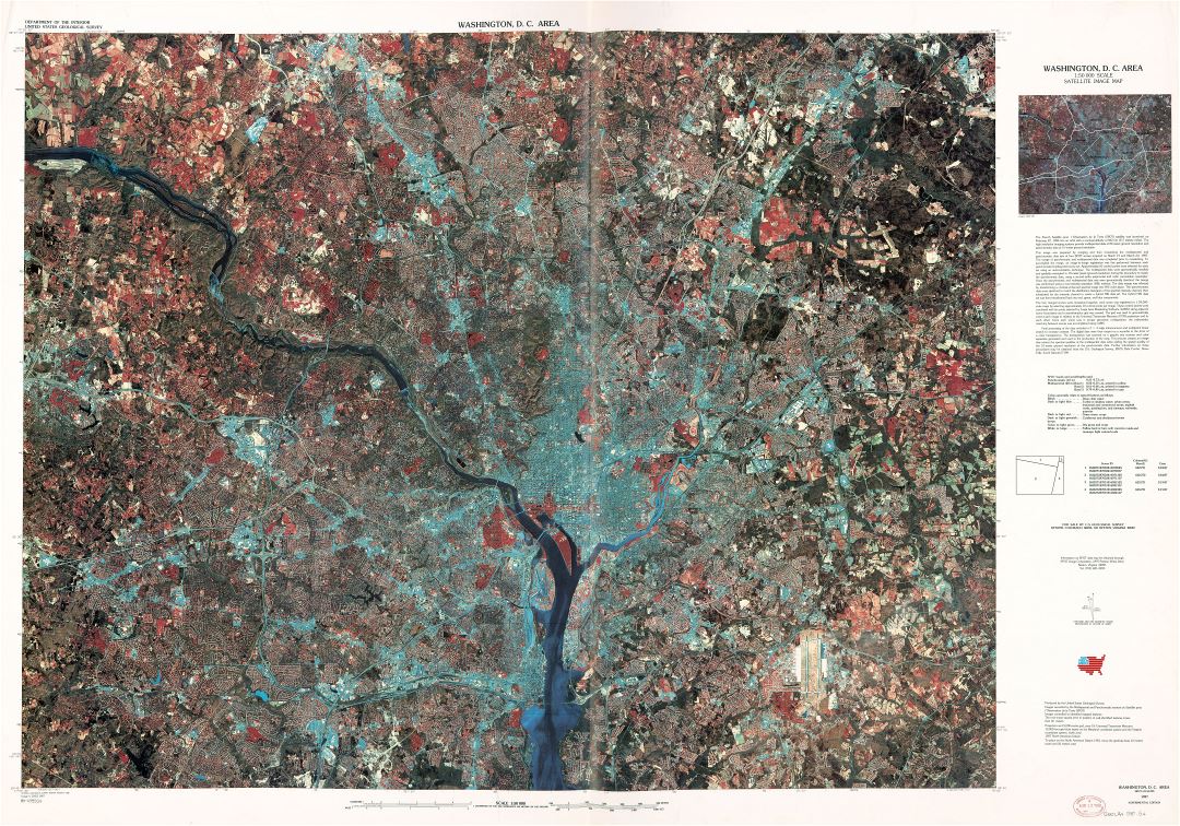 Крупномасштабная детальная карта спутникового изображения области Вашингтона, округ Колумбия - 1988