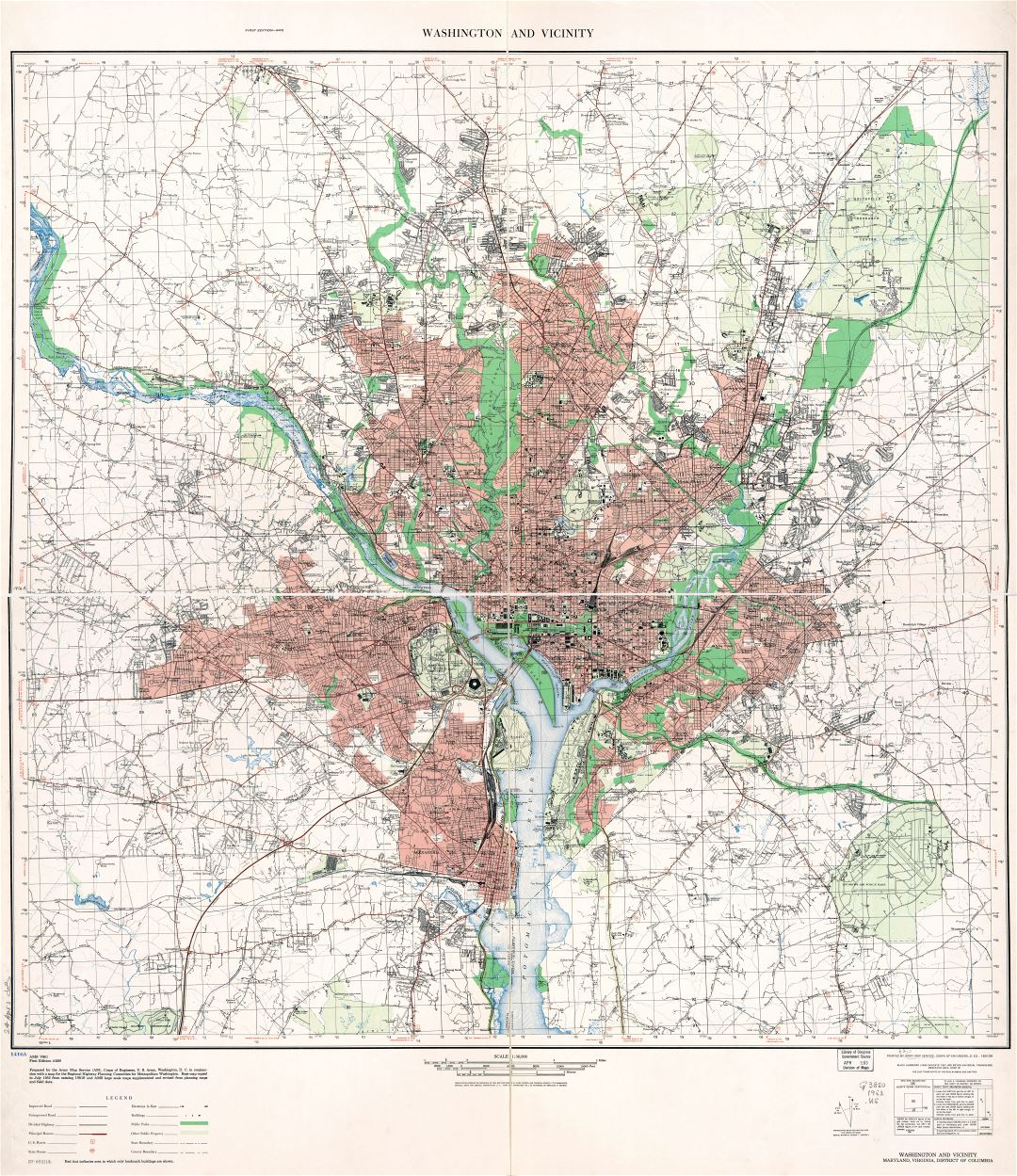 Крупномасштабная подробная топографическая карта Вашингтона и окрестностей - 1953