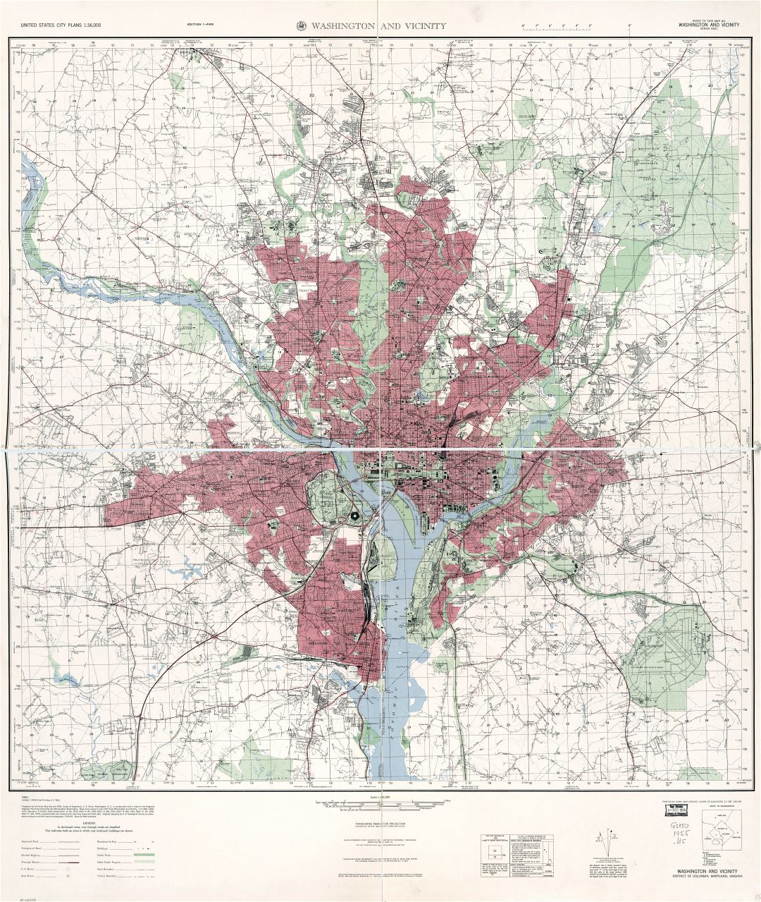 Крупномасштабная детальная топографическая карта Вашингтона и окрестностей - 1955