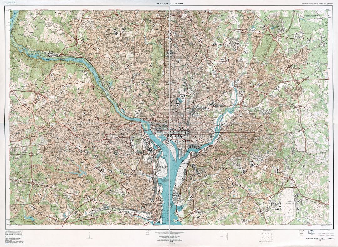Крупномасштабная детальная топографическая карта Вашингтона и окрестностей, округ Колумбия, Мэриленд, Вирджиния - 1965