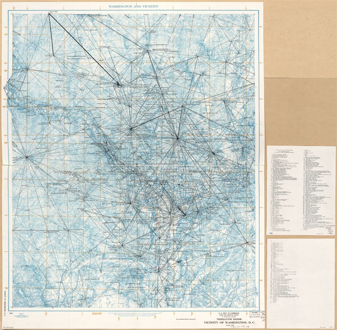 Крупномасштабная подробная карта схемы триангуляции окрестностей Вашингтона, округ Колумбия - 1958