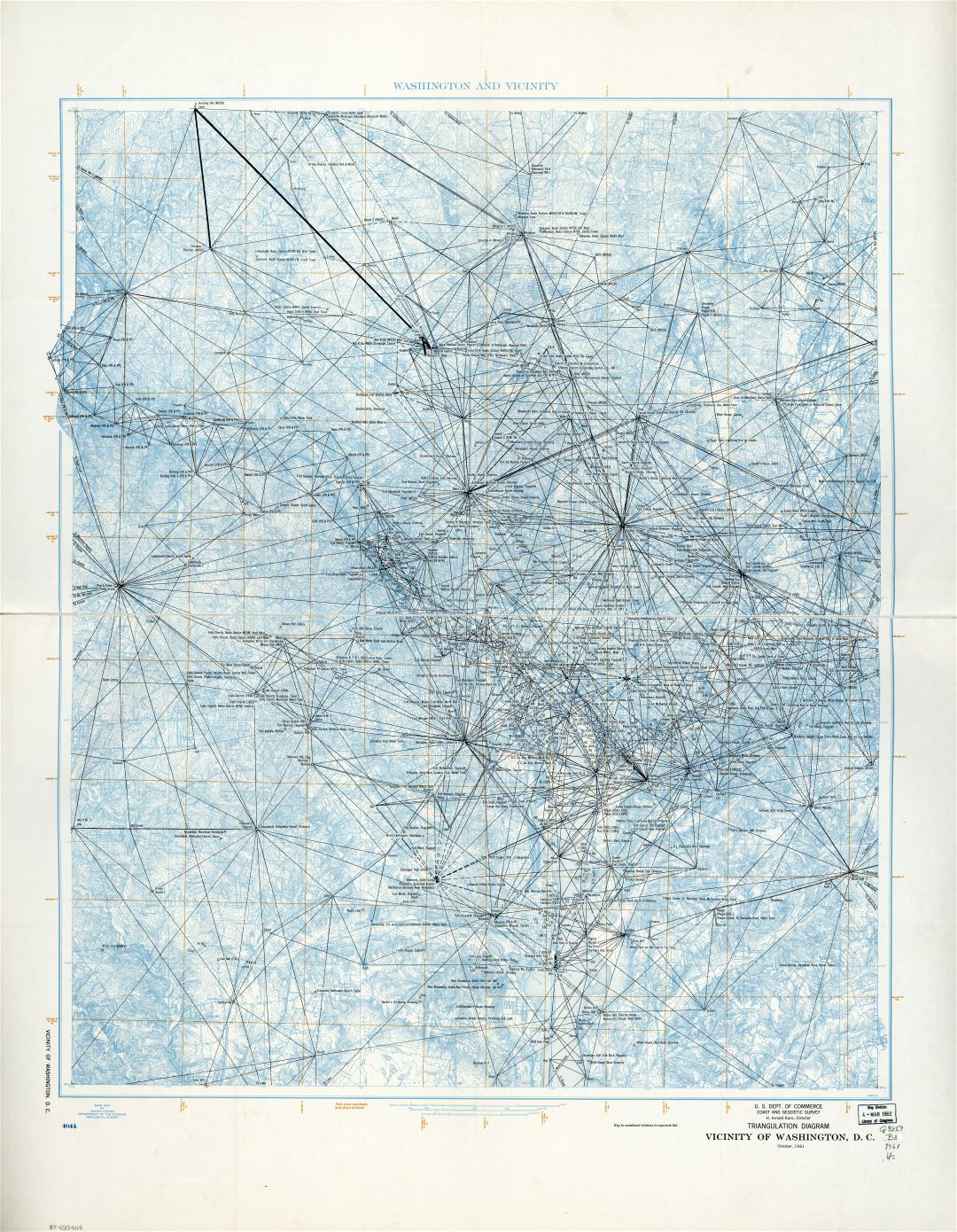 Крупномасштабная детальная карта схем триангуляции окрестностей Вашингтона, округ Колумбия - 1961