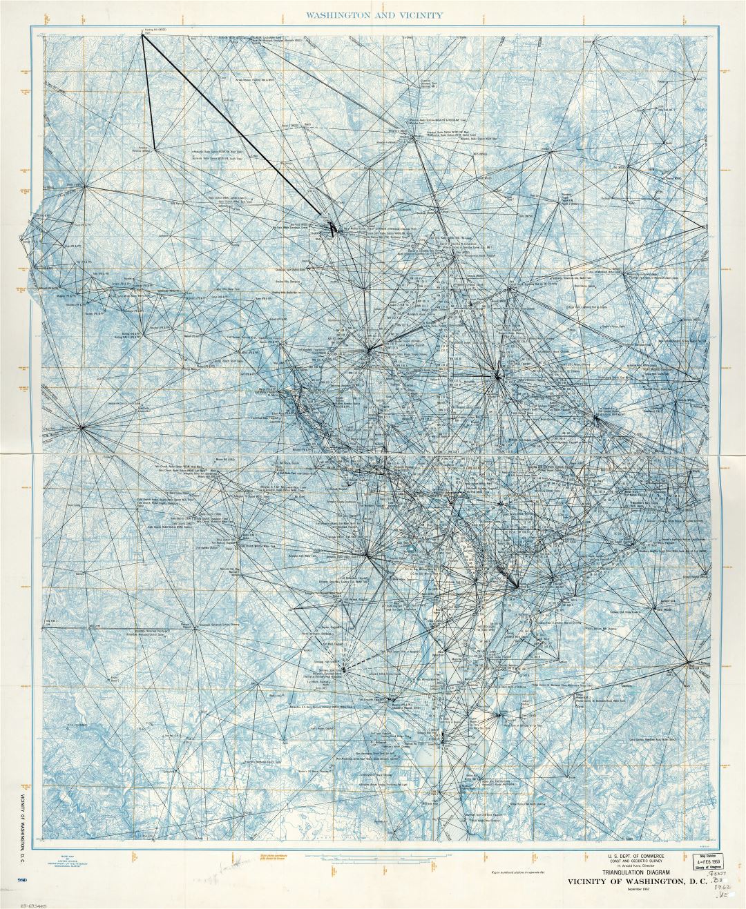 Крупномасштабная детальная карта схем триангуляции окрестностей Вашингтона, округ Колумбия - 1962