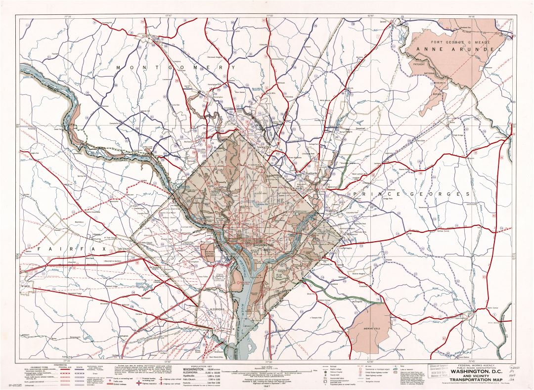 Крупномасштабная подробная транспортная карта Вашингтона, округ Колумбия и окресностей - 1947