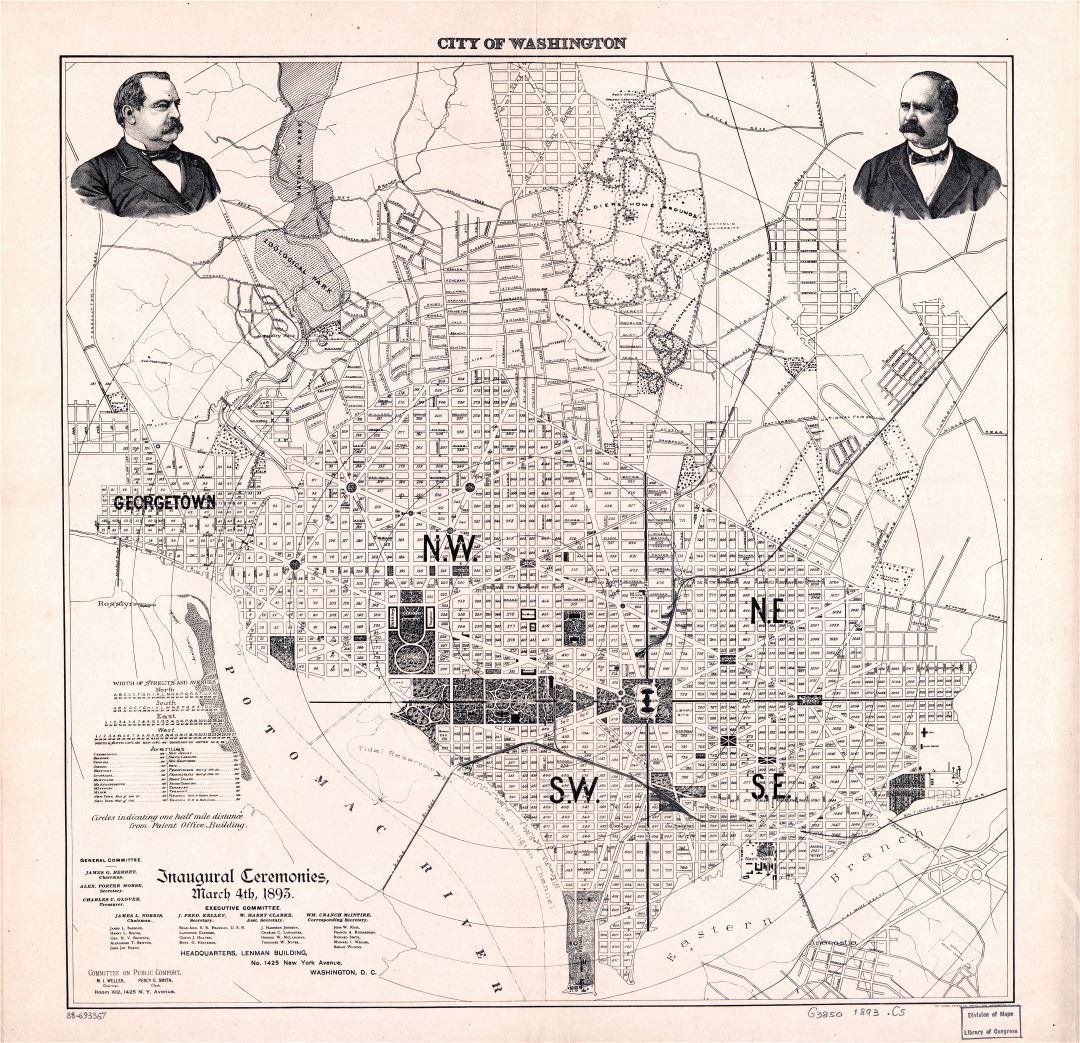 Крупномасштабная старая карта города Вашингтона - 1893