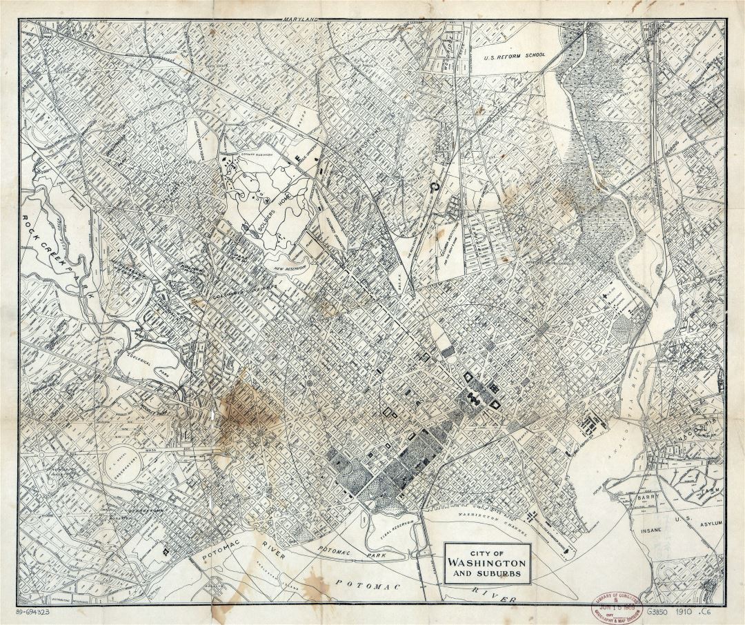 Крупномасштабная старая карта города Вашингтона и пригорода - 1910