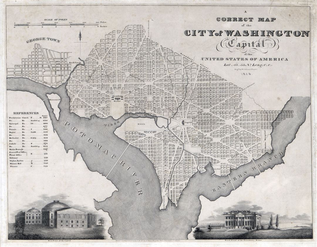 Крупномасштабная старая карта города Вашингтона - 1820