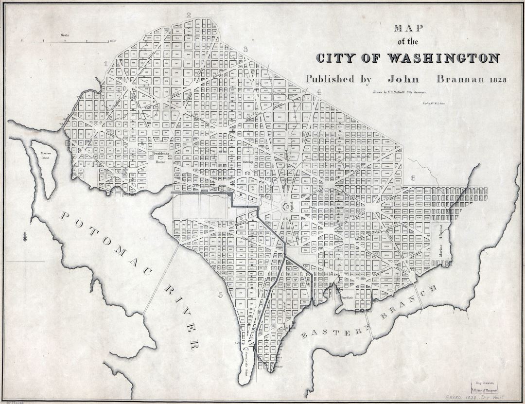 Крупномасштабная старая карта города Вашингтон - 1828