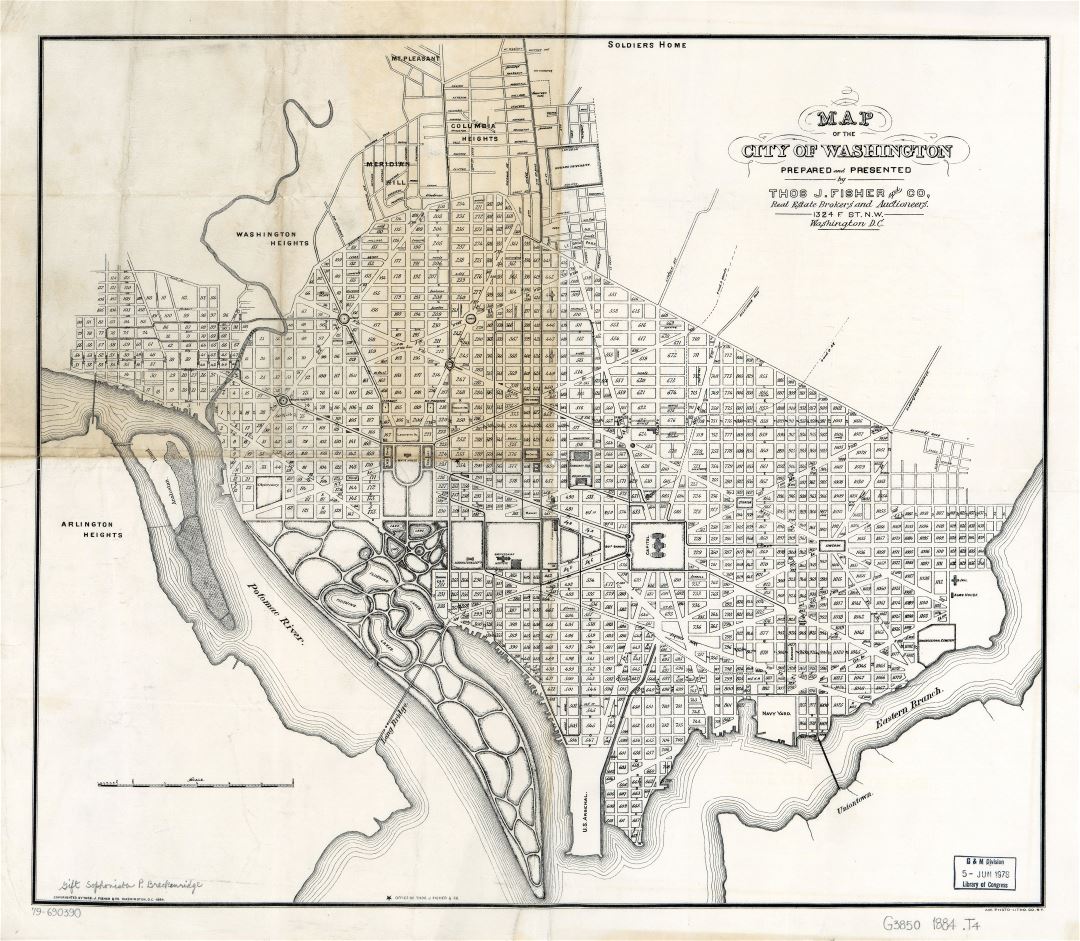 Крупномасштабная старая карта города Вашингтона - 1884