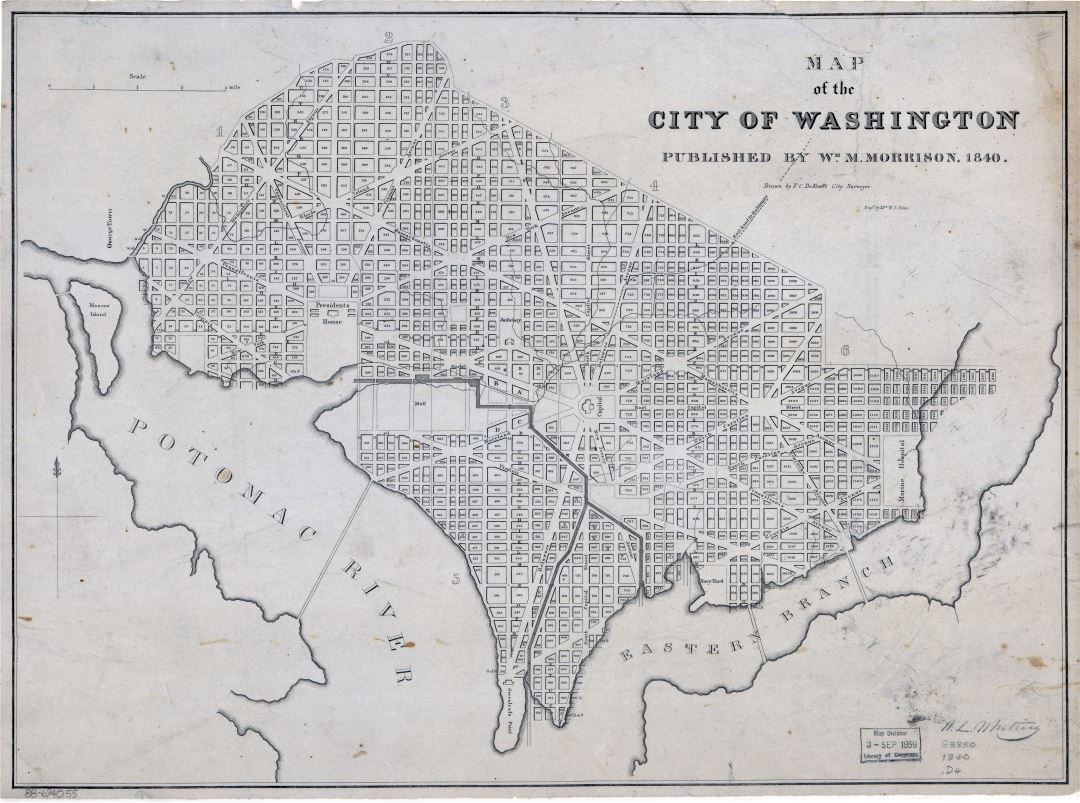 Крупномасштабная старая карта города Вашингтона, округ Колумбия - 1840