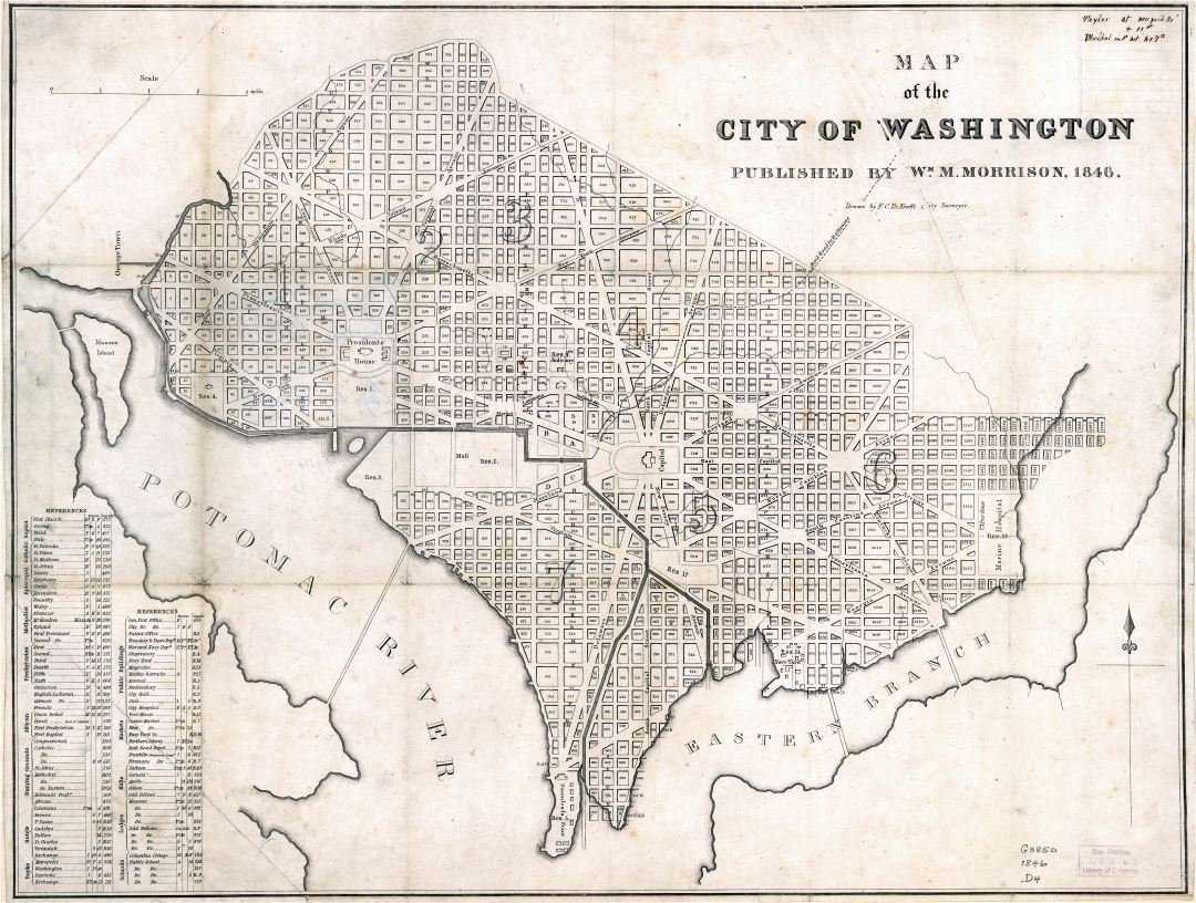 Крупномасштабная старая карта города Вашингтона, округ Колумбия - 1846