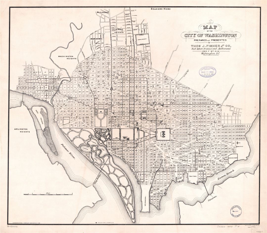 Крупномасштабная старая карта города Вашингтона, округ Колумбия - 1884