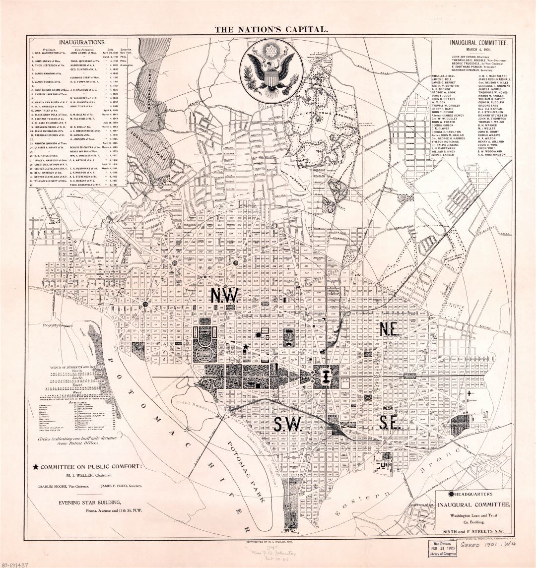 Крупномасштабная старая карта столицы страны Вашингтона, округ Колумбия - 1901