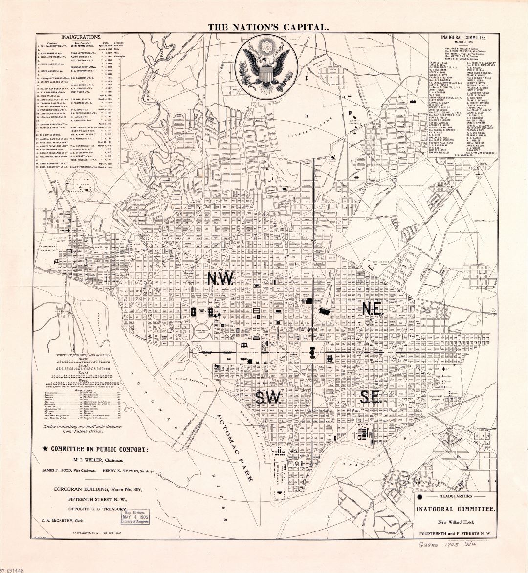 Крупномасштабная старая карта столицы страны Вашингтона, округ Колумбия - 1905