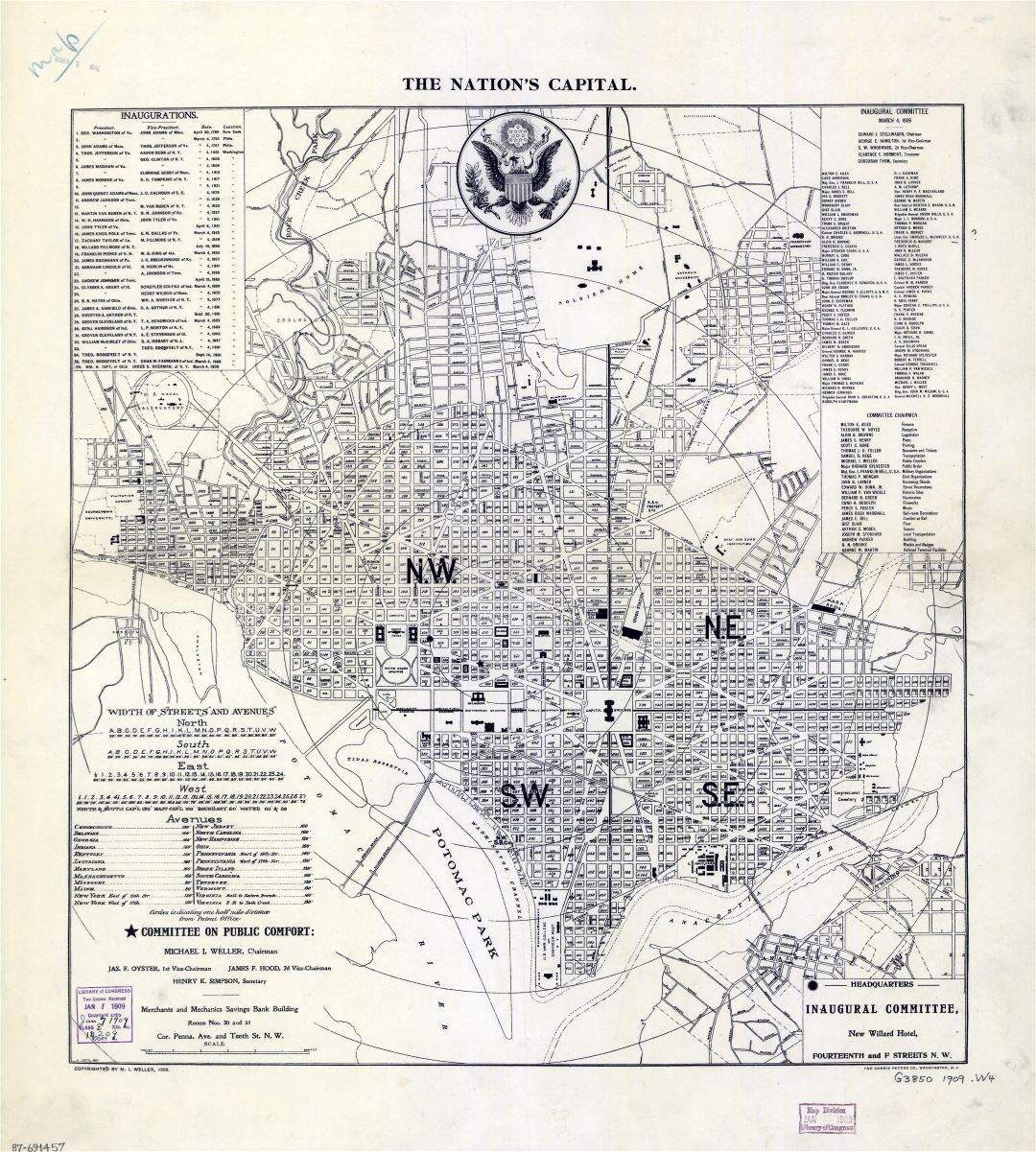 Крупномасштабная старая карта столицы страны Вашингтона, округ Колумбия - 1909