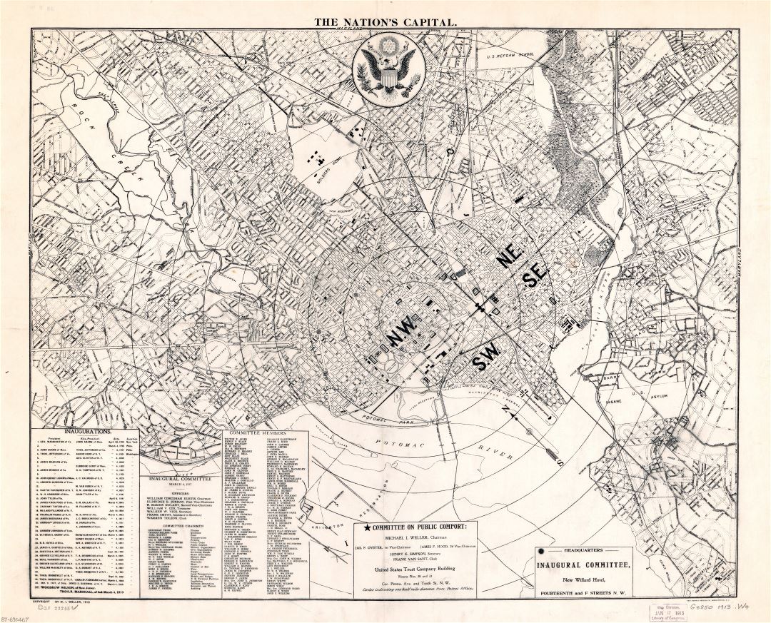 Крупномасштабная старая карта столицы страны Вашингтона, округ Колумбия - 1913