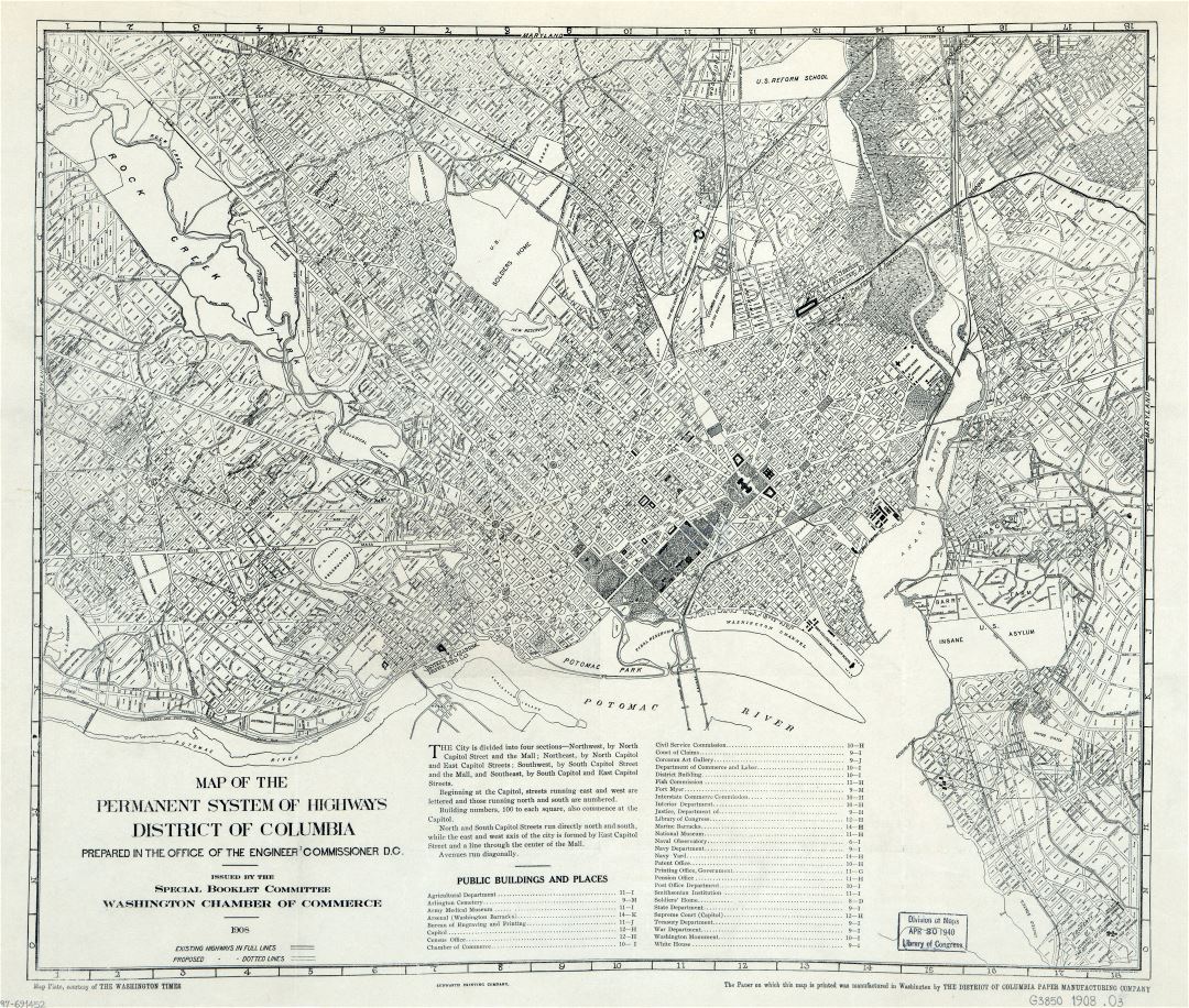 Крупномасштабная старая карта постоянной системы автомобильных дорог округа Колумбия - 1908