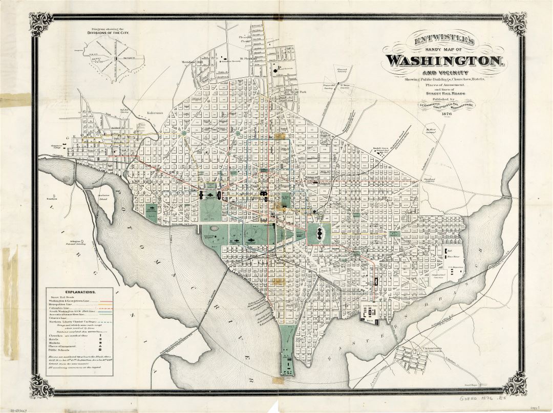 Крупномасштабная старая карта Вашингтона и окрестностей - 1876