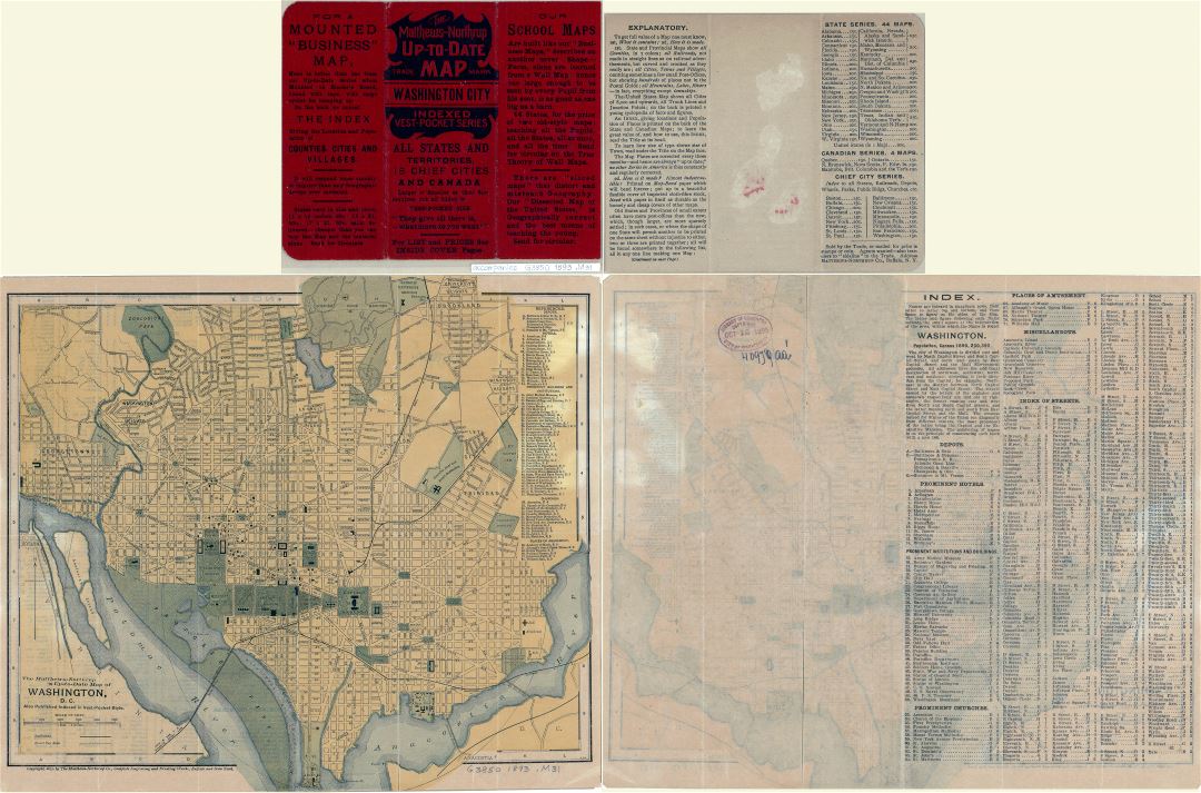 Крупномасштабная старая карта Вашингтона, округ Колумбия - 1893