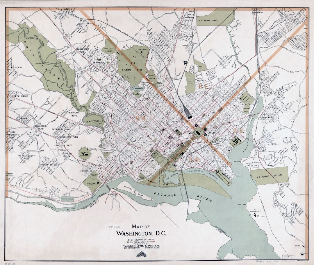 Крупномасштабная старая карта Вашингтона, округ Колумбия - 1910