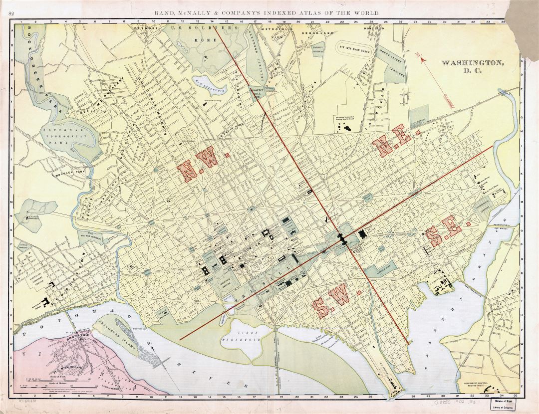 Крупномасштабная старая карта Вашингтона, округ Колумбия с дорогами - 1902