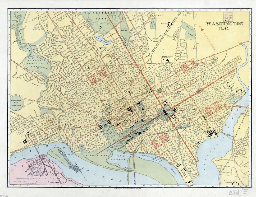 Крупномасштабная старая карта Вашингтона, округ Колумбия с дорогами - 1909