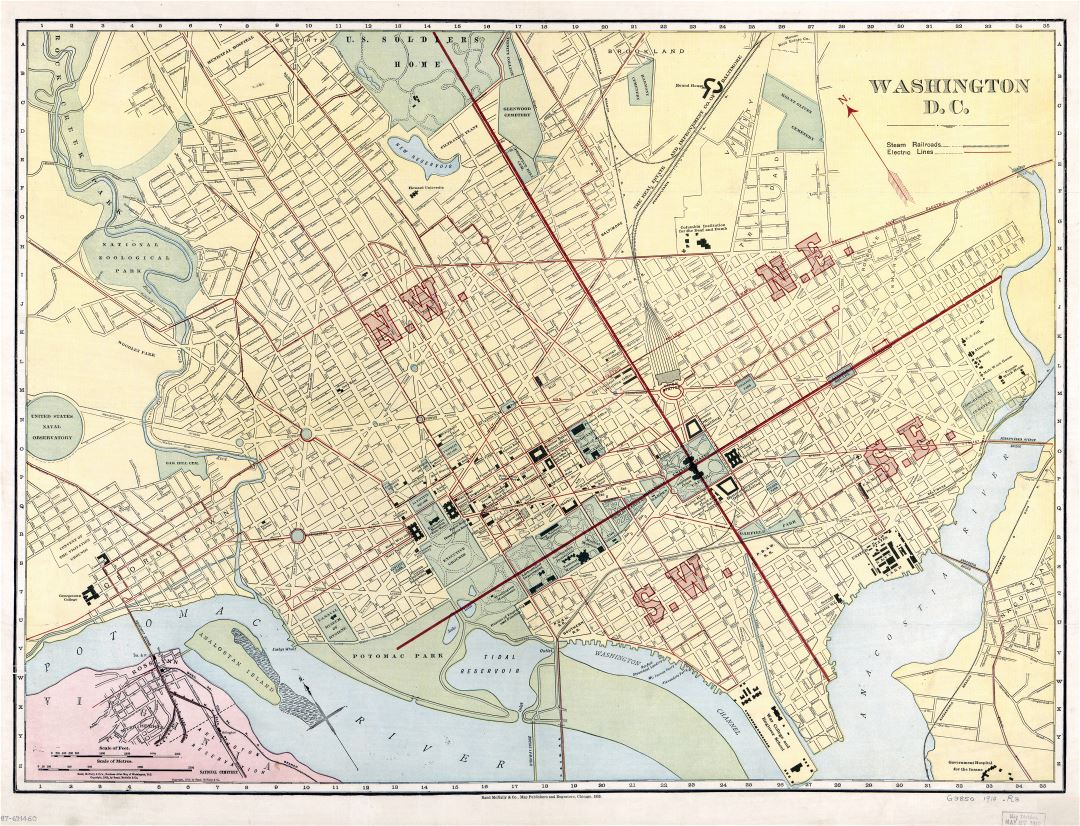 Крупномасштабная старая карта Вашингтона, округ Колумбия с дорогами - 1910