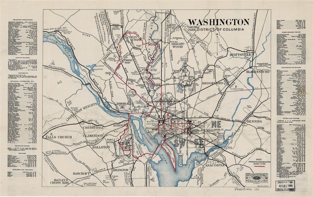 Крупномасштабная старая карта Вашингтона, округ Колумбия - 1921