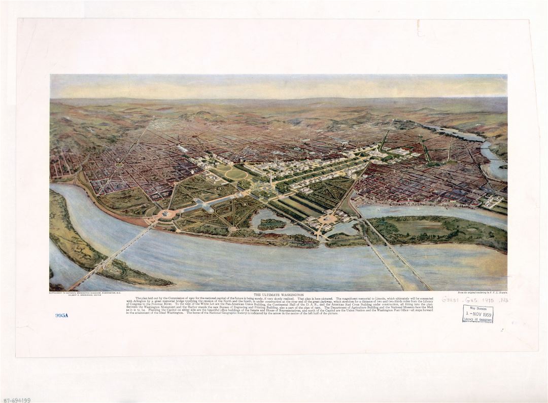 Крупномасштабная старая перспективная карта Вашингтона, округ Колумбия - 1915