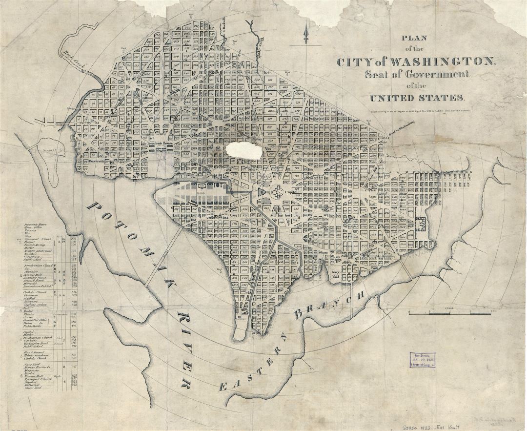 Крупномасштабный старый план города Вашингтона - 1822