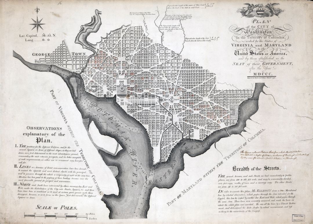 Крупномасштабный старый план города Вашингтона на территории Колумбии - 1792