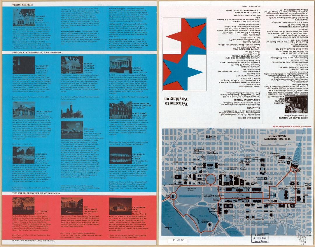 Крупномасштабная туристическая карта делового центра Вашингтона, округ Колумбия - 1976
