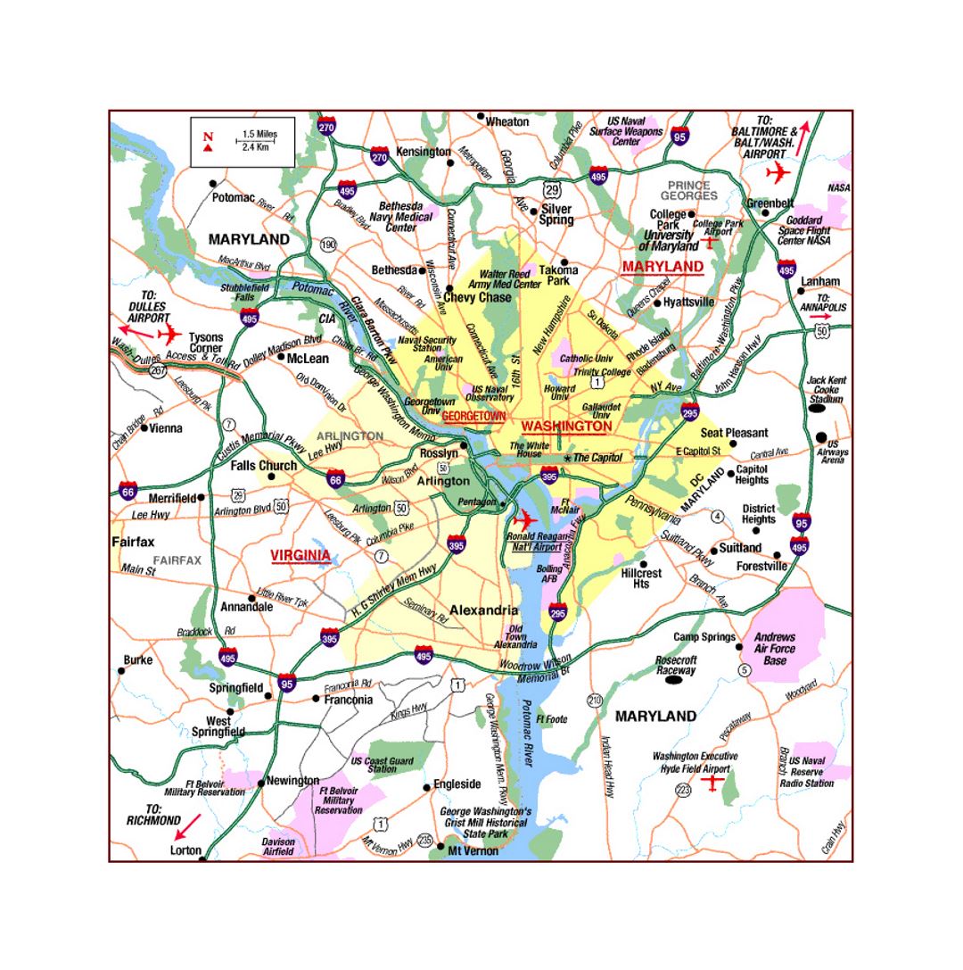 Карта области автомобильных дорог Вашингтона, округ Колумбия