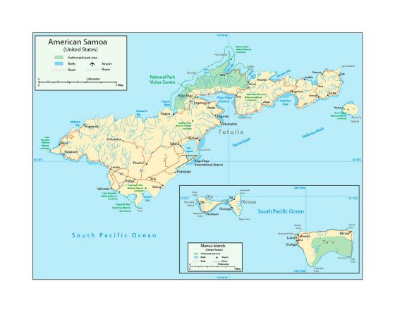 Детальная карта Американского Самоа с парками, рифами, реками, дорогами, городами, деревнями и аэропортами
