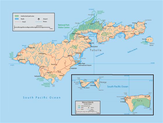 Большая карта Американского Самоа с парками, рифами, реками, дорогами, городами, деревнями и аэропортами
