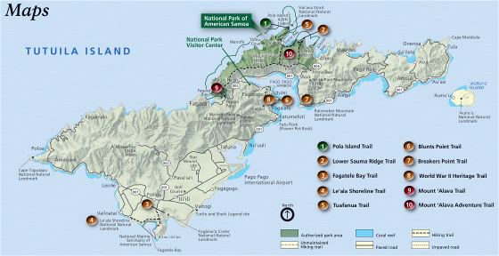 Большая карта национальных парков острова Тутуила, Американского Самоа с рельефом и другими пометками