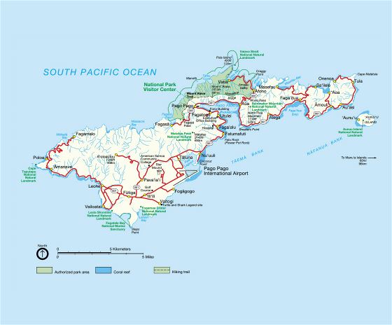 Большая карта национальных парков острова Тутуила, Американского Самоа с реками, дорогами и городами