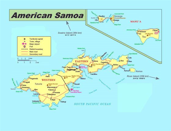 Большая политическая карта Американского Самоа с дорогами, городами, деревнями, аэропортами и портами