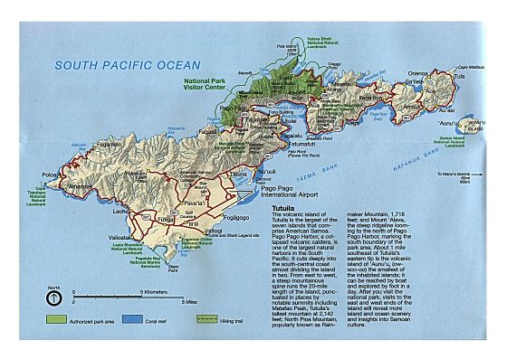 Большая карта дорог острова Тутуила, Американского Самоа с рельефом и другими пометками