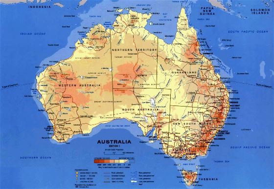 Подробная физическая карта Австралии с другими пометками