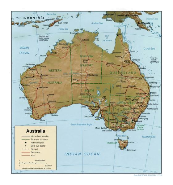 Детальная политическая и административная карта Австралии с рельефом, дорогами, железными дорогами и городами - 1999