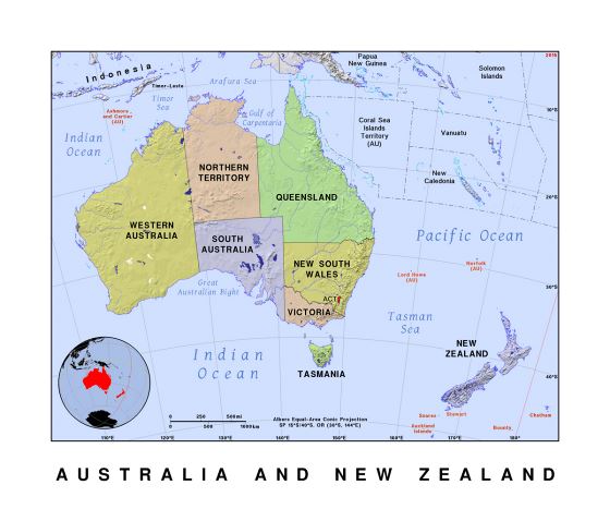 Детальная политическая и административная карта Австралии с рельефом
